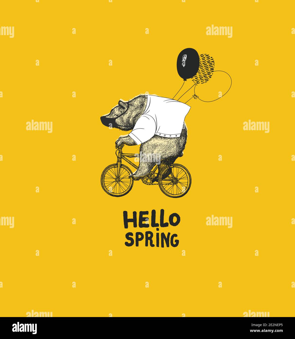 Orso con palloncini Rides biciclette Stampa di T-shirt. Bici da bici Grizzly Cute Fun vintage Mascot. Sfondo astratto. Blackwork Postar Animal Illustrazione Vettoriale