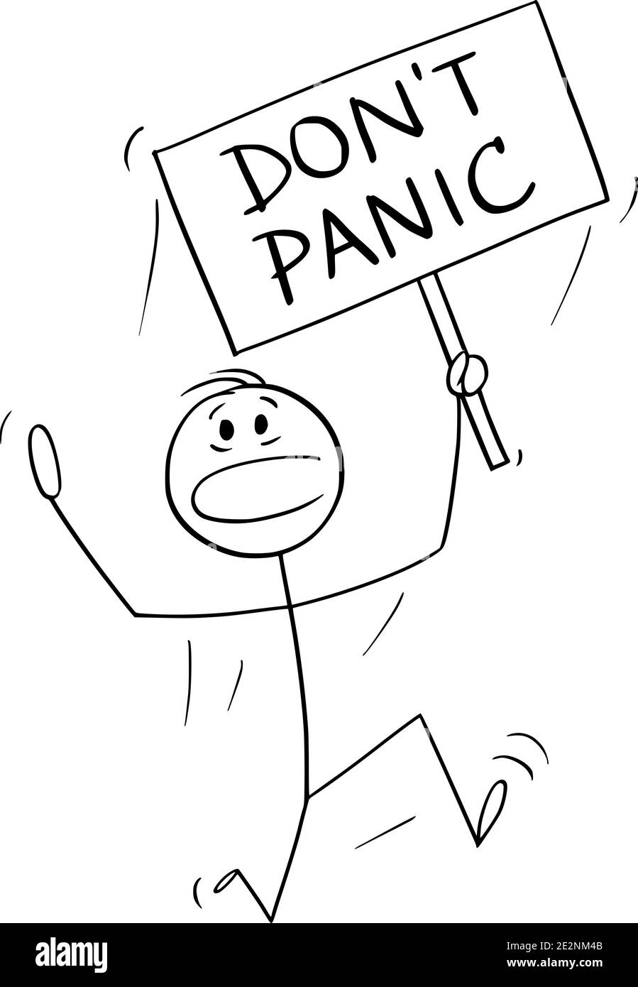 Vettore cartoon figura bastone illustrazione di uomo che corre nella paura e tenendo non segno panico. Illustrazione Vettoriale