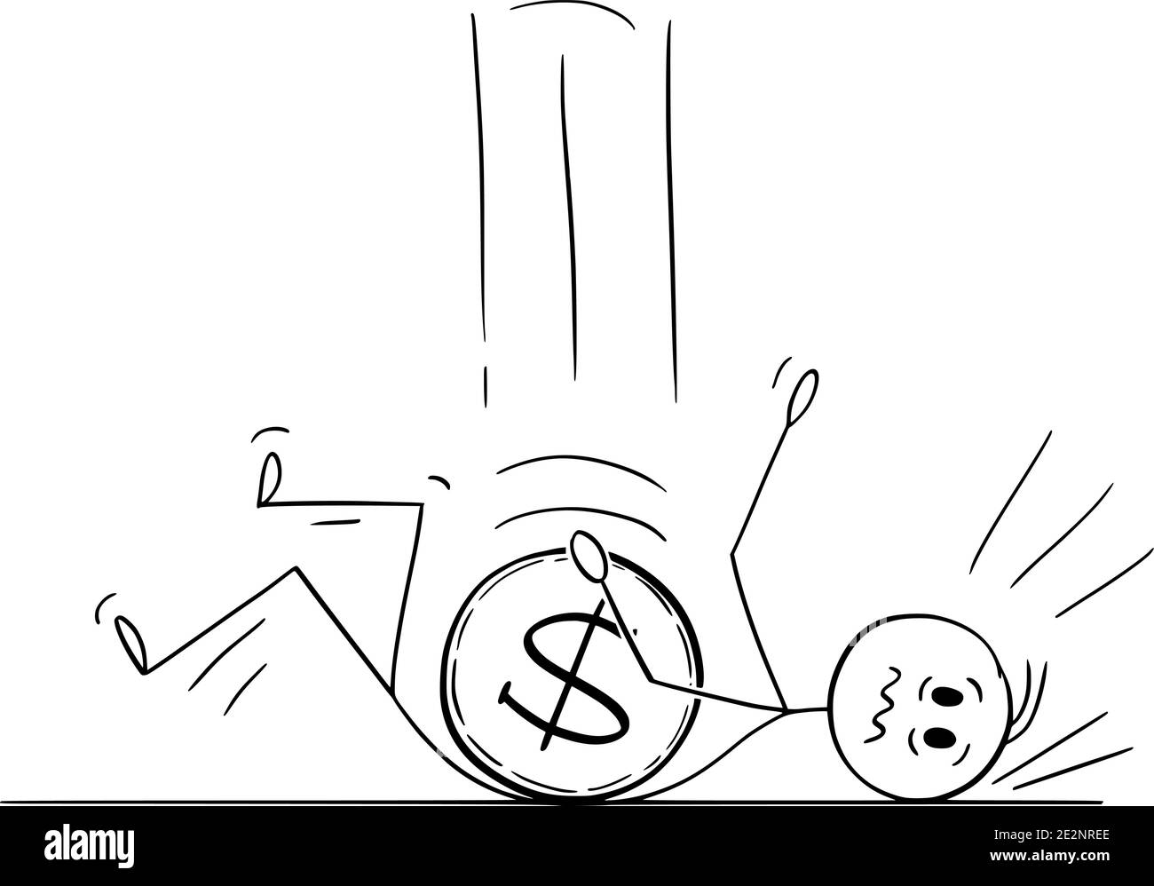 Grafico del cartoon vettoriale di figura del bastone della moneta del dollaro che cade giù sull'uomo d'affari o sull'uomo. Concetto di cambio di valuta e mercato finanziario. Illustrazione Vettoriale