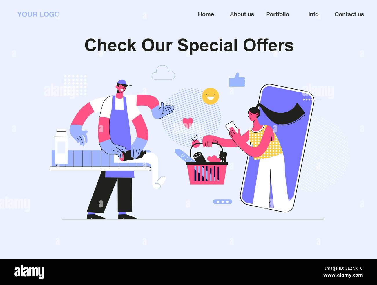 Modello della pagina di destinazione della vendita online, Young woman shop online utilizzando lo smartphone. Il venditore indossa confezioni uniformi. Modello pagina di destinazione. Vettore Illustrazione Vettoriale