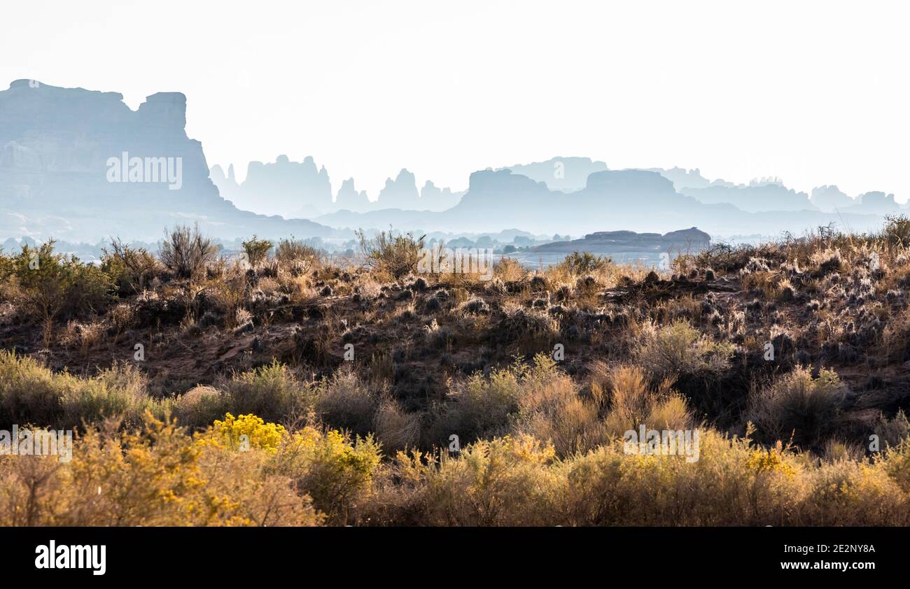 Gli sci di Smokey si infiltrano nei pinnacoli e nei canyon autunnali del Needles District nel Canyonlands National Park, Utah, USA. Foto Stock