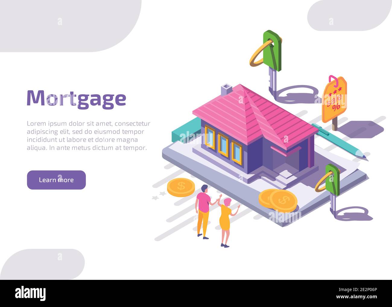 Pagina di destinazione isometrica ipotecaria o banner Web. Felice coppia vicino casa propria cottage con monete sparse e chiavi. Debito, prestito ipotecico, credito al consumo bancario offerta per l'acquisto casa a rate. Illustrazione Vettoriale