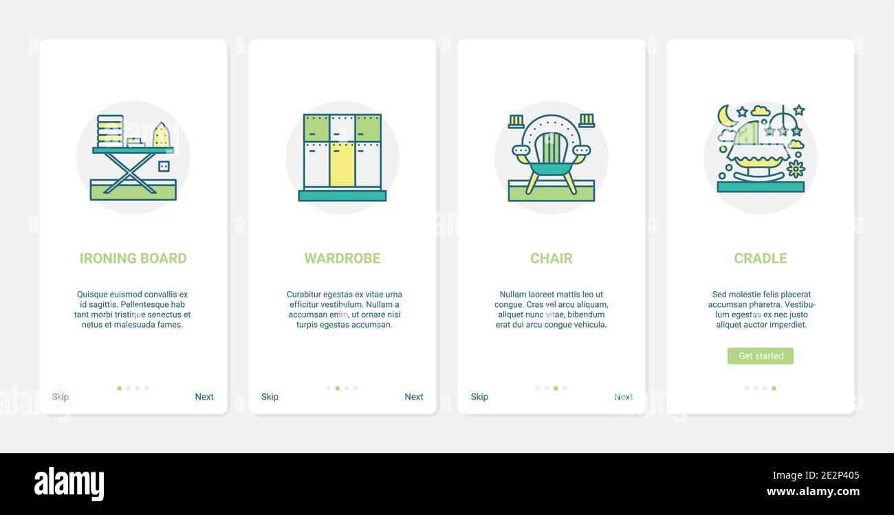 Illustrazione vettoriale di mobili per la casa. UX, UI onboarding mobile app page screen set con arredamento linea, spogliatoio e collezione di interni per vivai, asse da stiro guardaroba sedia culla bambino Illustrazione Vettoriale