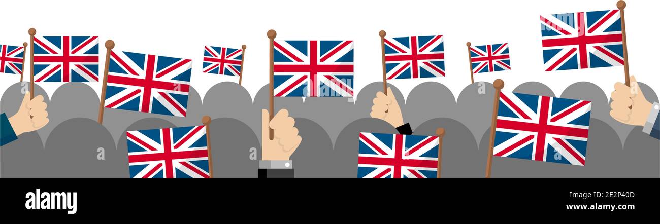 Persone che detengono la bandiera nazionale in mano, illustrazione banner vettoriale / Regno Unito, Inghilterra Illustrazione Vettoriale