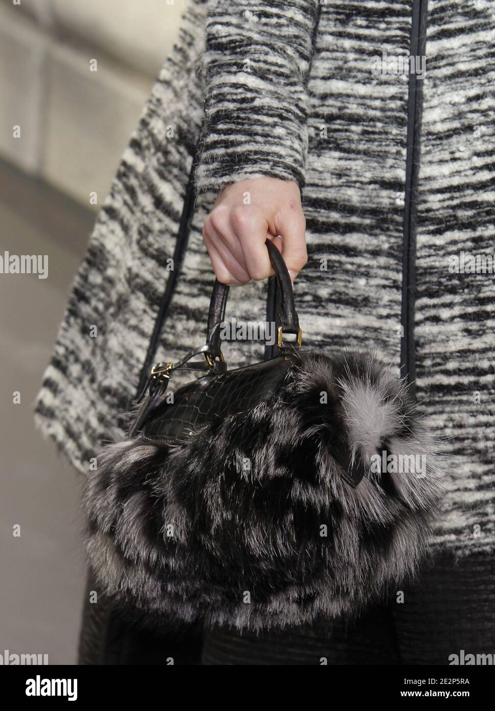 Un modello contiene una borsa disegnata da Marc Jacobs per la mostra della  collezione Louis Vuitton Autunno-Inverno 2010/2011 Ready-to-Wear che si  tiene al Cour Carré du Louvre di Parigi, Francia, il 10