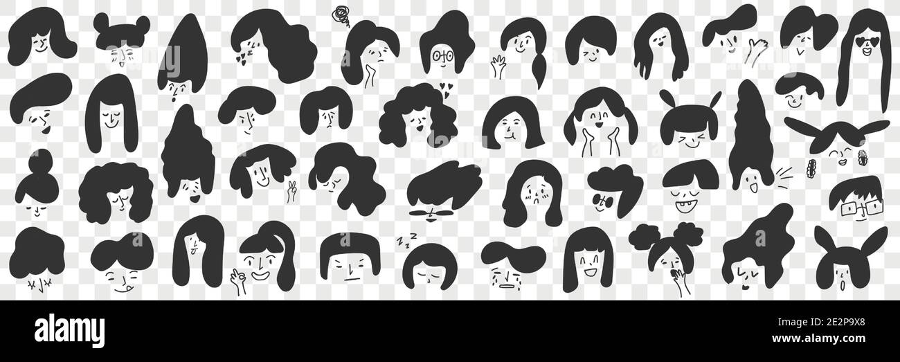 Set di pettini per capelli brunette femminili. Collezione di personaggi femminili disegnati a mano con vari acconciature nere corte e lunghe isolate su sfondo trasparente. Immagine di un'elegante acconciatura Illustrazione Vettoriale