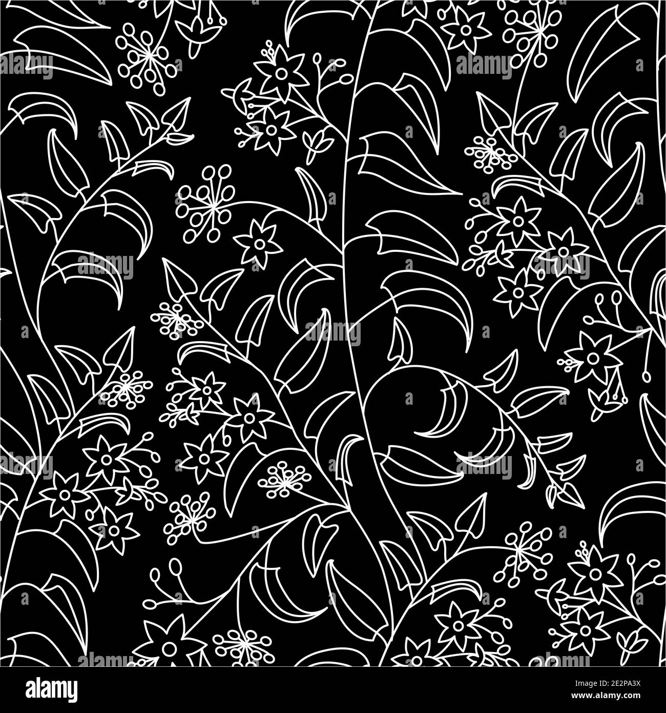 Ombra notturna. Motivo decorativo floreale. Motivo senza cuciture di contorni bianchi su sfondo nero Illustrazione Vettoriale