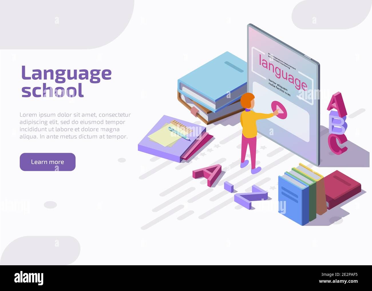 Pagina di destinazione isometrica della scuola di lingue. Apprendimento dei caratteri isometrici attraverso l'applicazione su tablet. Corsi di formazione online, formazione o e-learning, lezioni universitarie per banner e siti web. Illustrazione Vettoriale