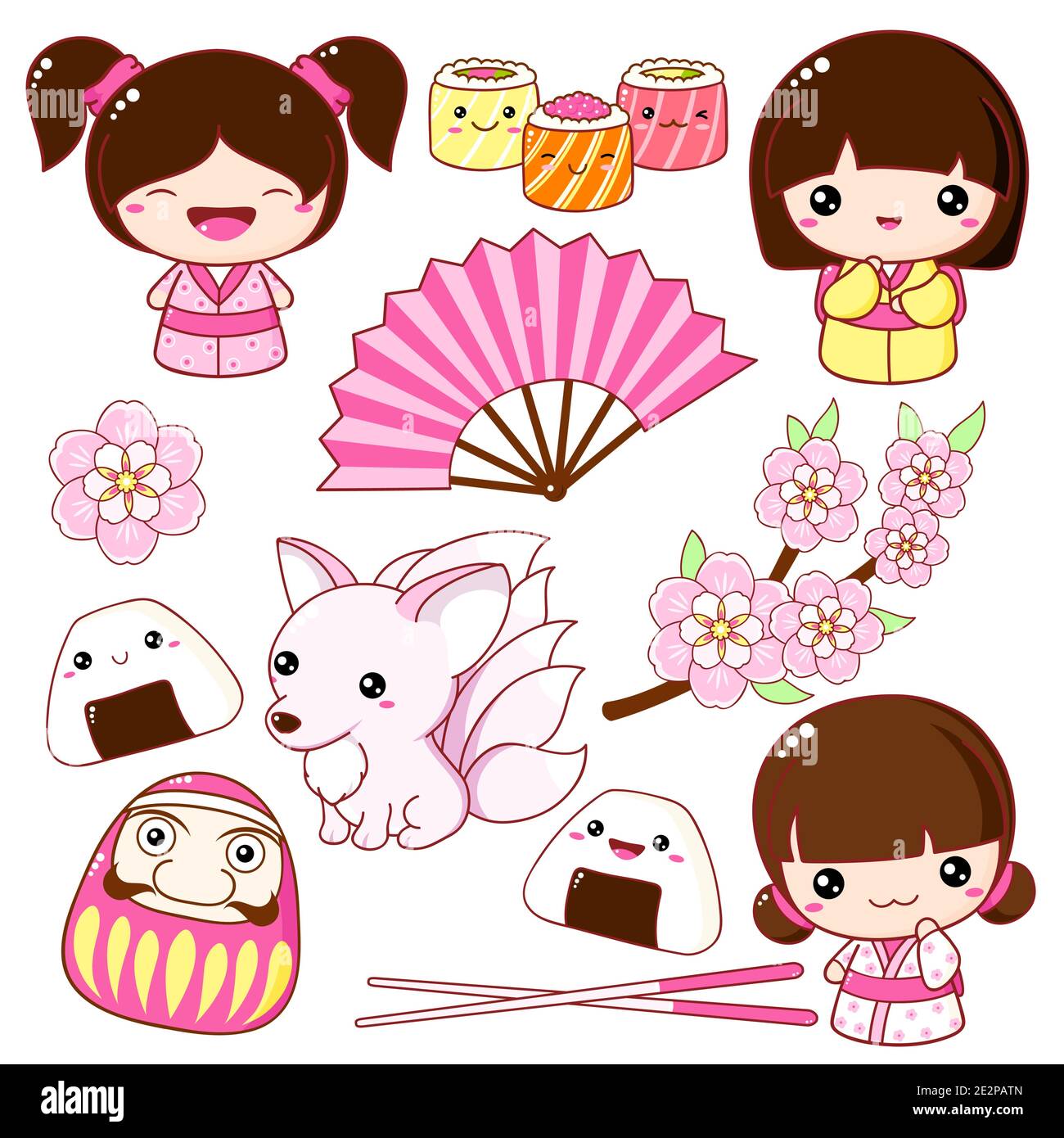 Insieme di icone carine in stile kawaii. Bambola tradizionale giapponese giocattolo kokeshi in kimono, kitsune volpe a nove code, panini, fan, onigiri, fiori sakura. Bloo Illustrazione Vettoriale