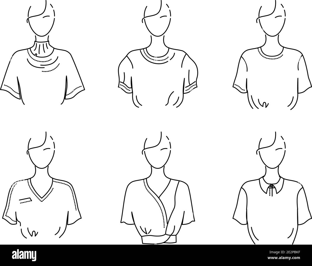 T-shirt bianca donna, blusa, top, set di illustrazioni vettoriali schematiche. Schizzo di abiti di tagli, disegni diversi. Illustrazione Vettoriale