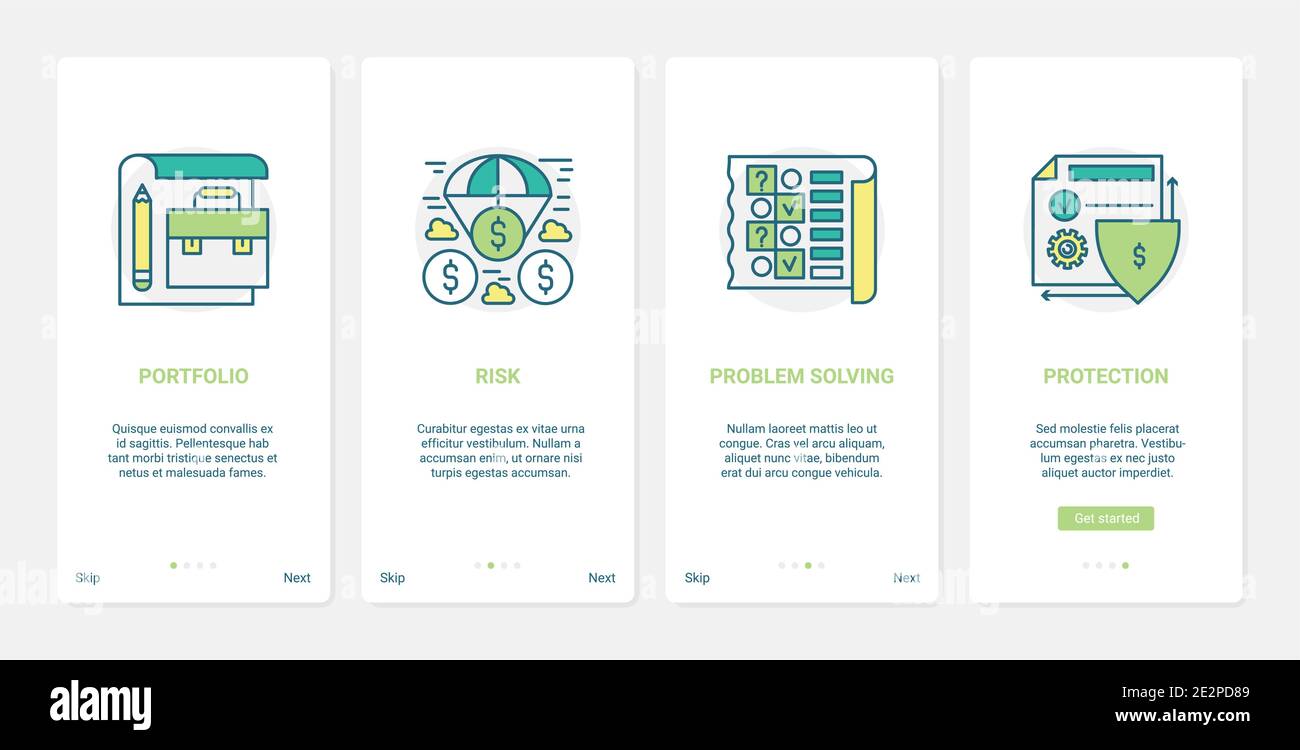 Illustrazione del vettore tecnologico per la risoluzione dei problemi finanziari. UX, interfaccia utente onboarding mobile app page set con linea finanziaria rischio stabilità protezione, portafoglio digitale, simboli di gestione account Illustrazione Vettoriale