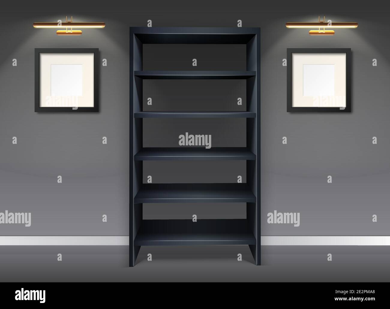 sala di visualizzazione vettoriale realistica con ripiani neri e cornici. Illustrazione Vettoriale