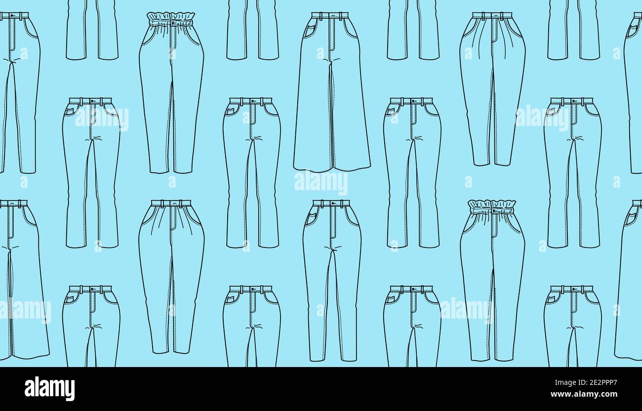 Modello senza cuciture di jeans, culotte, mamma, slouchy, classico dritto, borsa di carta popolari da donna. Illustrazione vettoriale su sfondo blu. Illustrazione Vettoriale