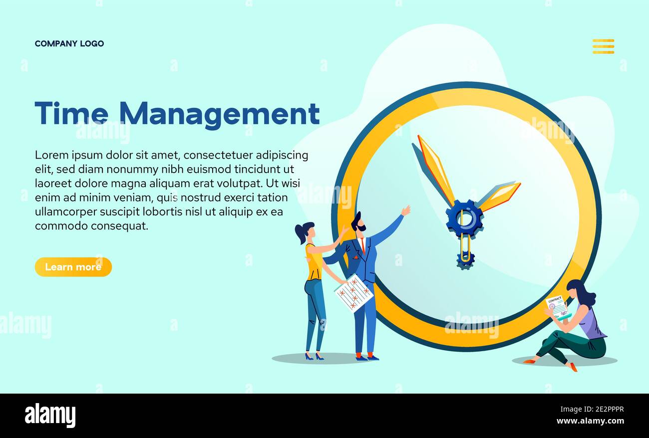 Pagina di destinazione della gestione del tempo. Boss dà ordini ai dipendenti a un orologio enorme con gli ingranaggi. Meccanismi nascosti di processi aziendali, lavoratori con schede di attività e contratto, Cartoon flat vettore web banner Illustrazione Vettoriale