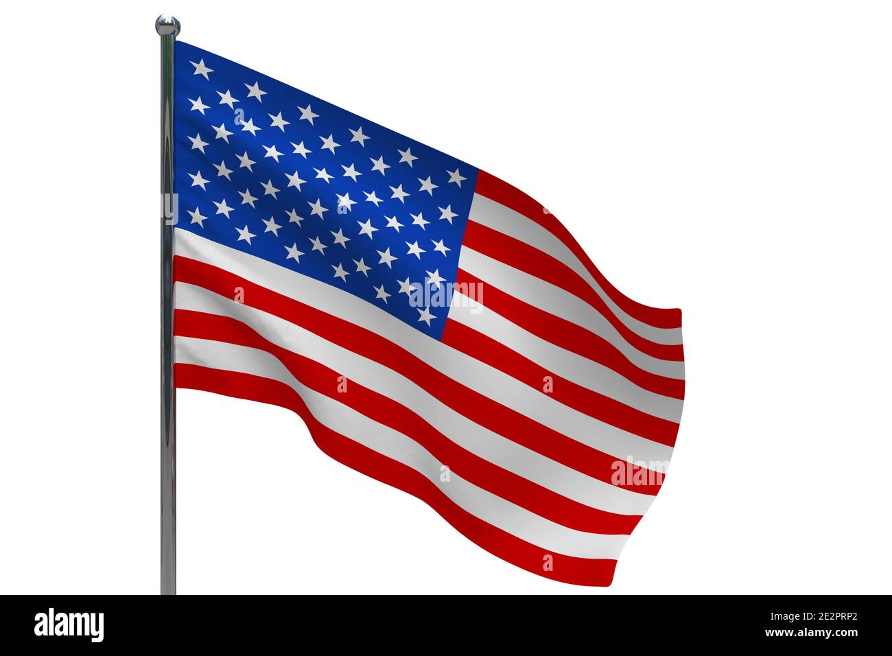 Bandiera degli Stati Uniti d'America in pole. Palo in metallo. Bandiera nazionale degli Stati Uniti d'America illustrazione 3D isolato su bianco Foto Stock