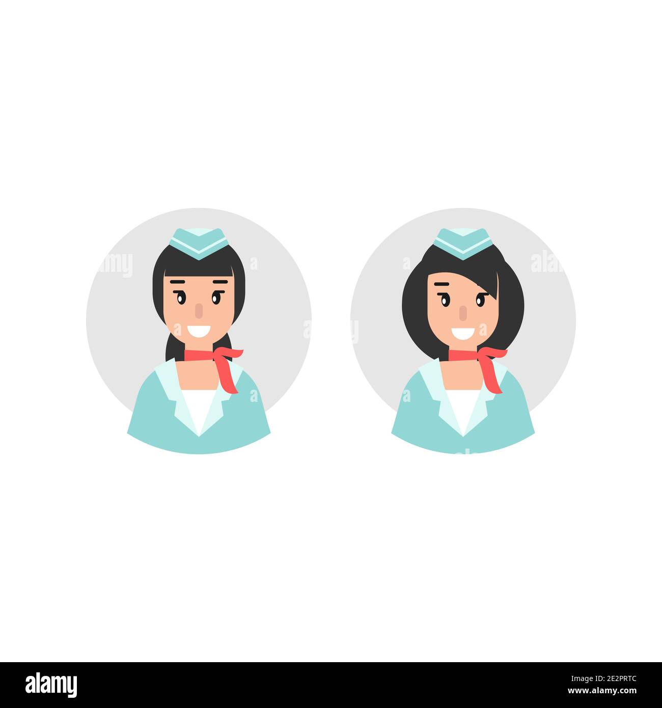 Felice donna stewardess o assistente di volo con neckerchief rosso su cerchio grigio. Vettore piatto illustrazione isolato su bianco. Donna in aviazione Illustrazione Vettoriale