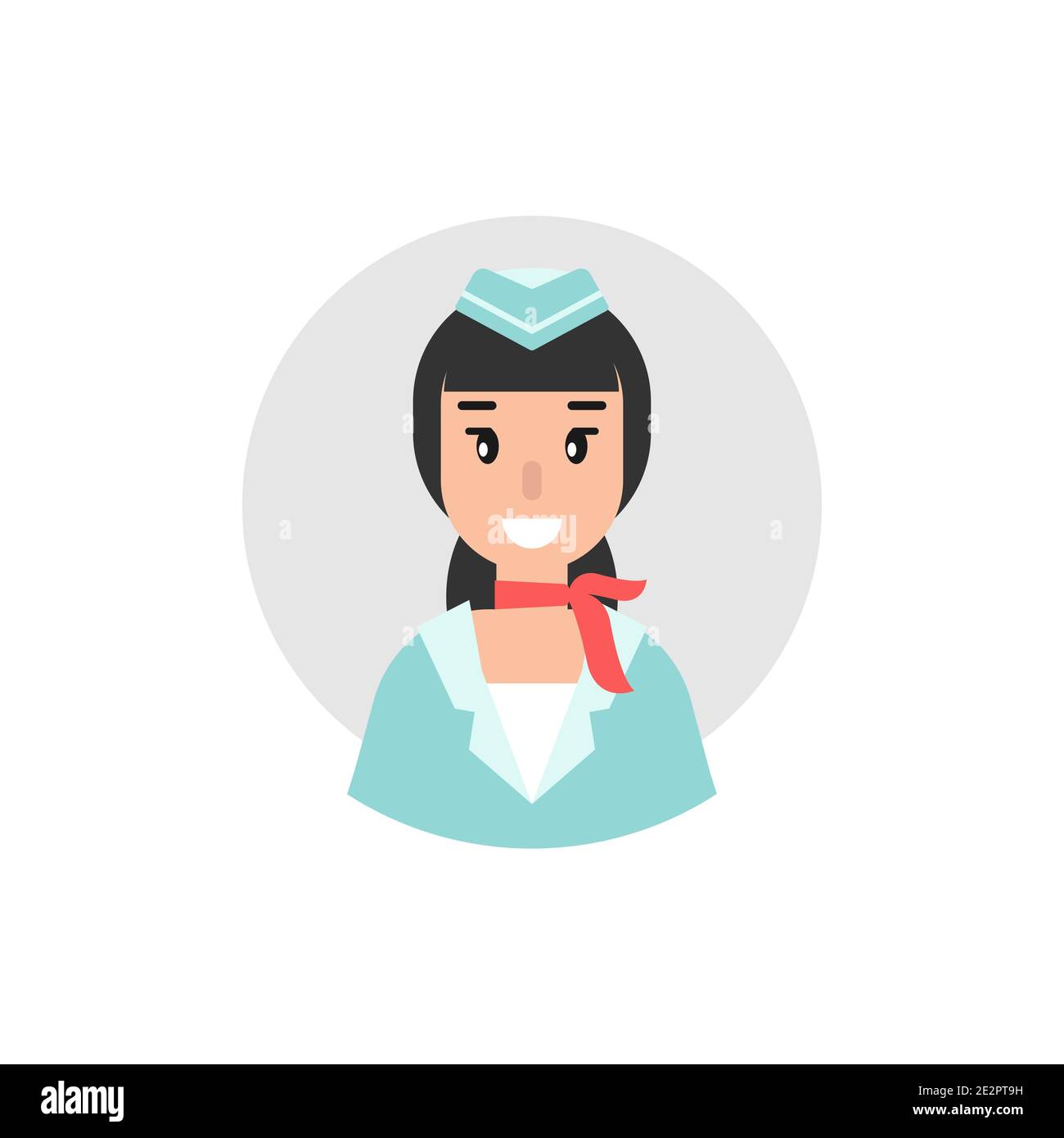 Felice donna stewardess o assistente di volo con neckerchief rosso su cerchio grigio. Vettore piatto illustrazione isolato su bianco. Donna in aviazione Illustrazione Vettoriale