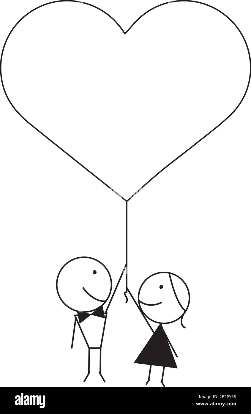 disegno vettoriale di una coppia sposata di recente in amore tenendo un pallone a forma di cuore. Illustrazione Vettoriale