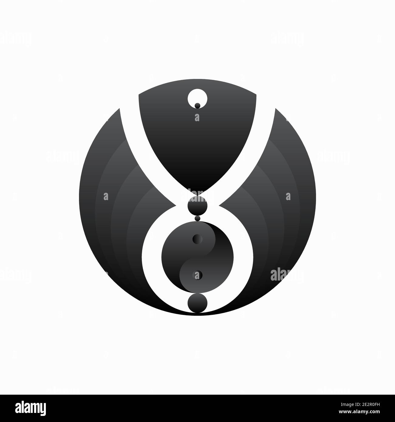 Design con logo Balance e Harmony. Illustrazione vettoriale di pesci doppi, pietre tonde astratte zen, simbolo yin e yang isolato su sfondo bianco Illustrazione Vettoriale