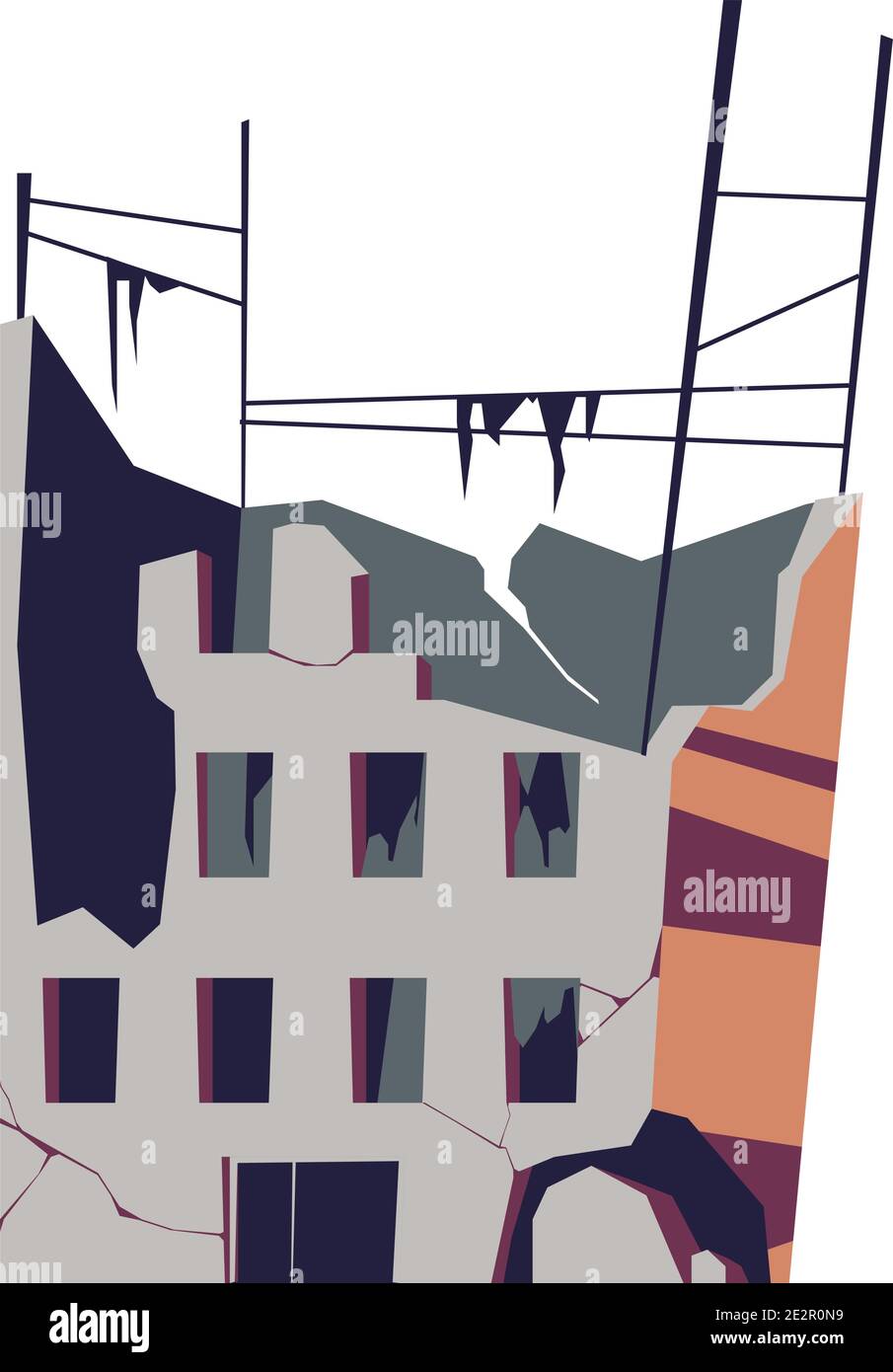 Edificio distrutto, struttura danneggiata, conseguenze di un disastro, cataclisma o guerra, vettore cartoon illustrazione isolata Illustrazione Vettoriale