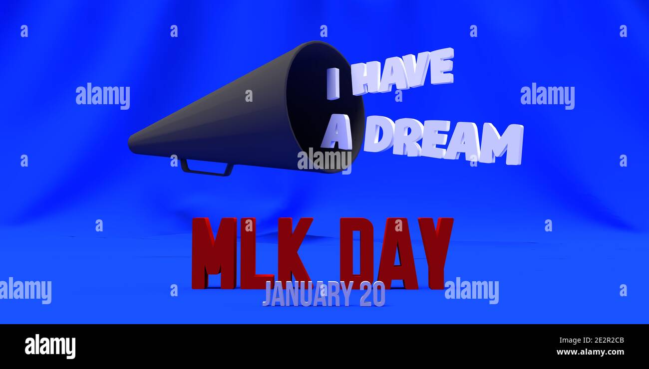 Concetto Martin Luther King Day. 3D reso Gennaio 20 ho un sogno Martin Luther King Jr giorno testo con bandiera americana. Foto Stock