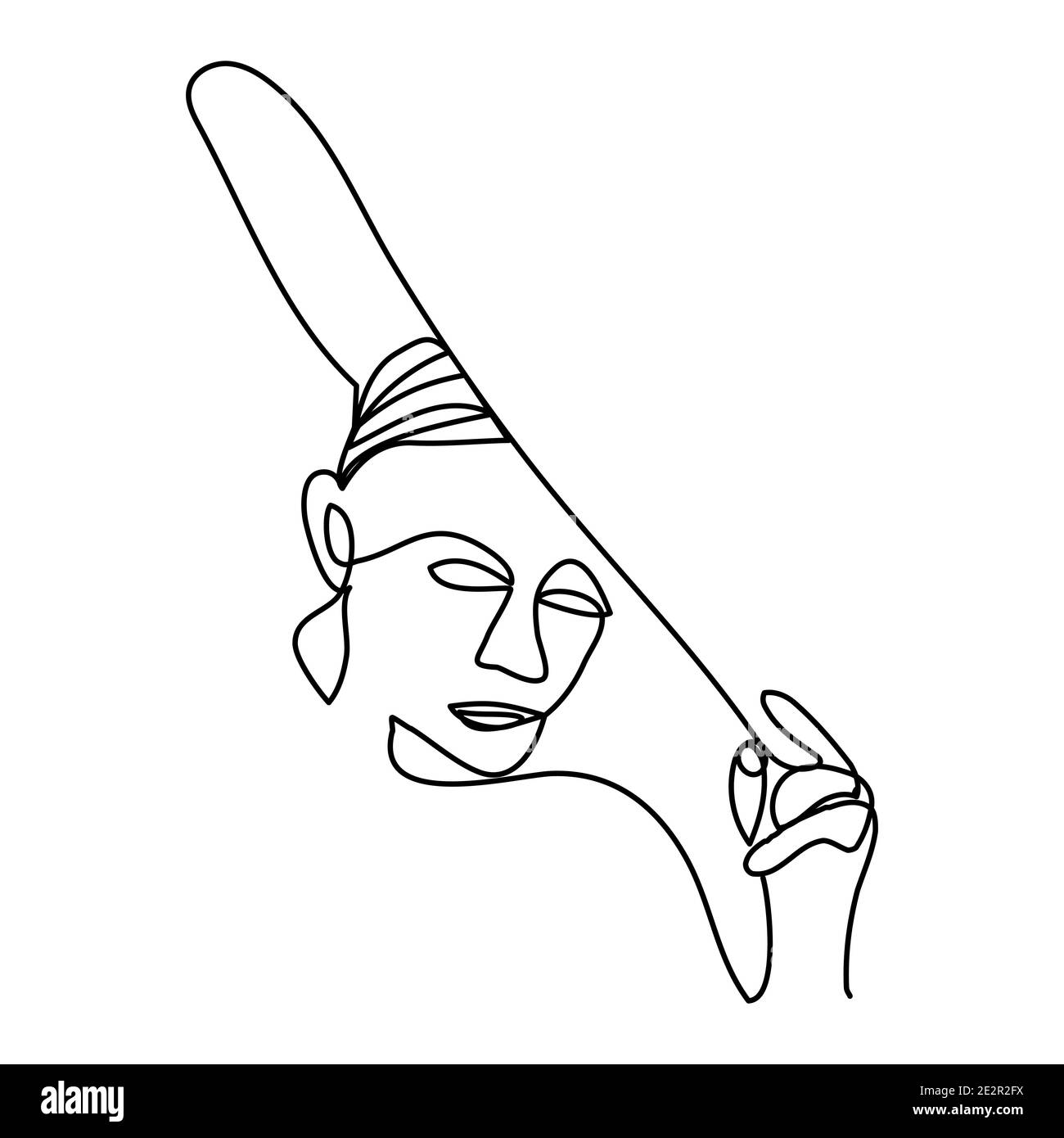 Arte lineare di una faccia femmina con un headdress. Concetto di moda, minimalismo della bellezza femminile. Illustrazione vettoriale Illustrazione Vettoriale