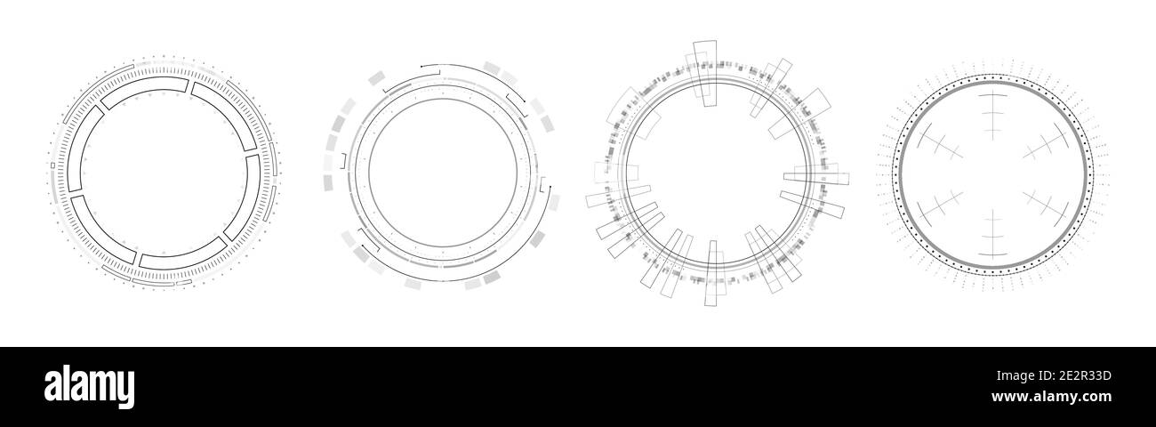 Serie di elementi infografici del cerchio HUD. Display head-up rotondo sci-fi per interfaccia utente futuristica HUD, UI, GUI. Tema tecnico e scientifico. Illustrazione vettoriale. Illustrazione Vettoriale