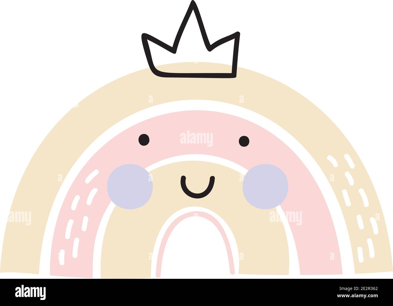 Arcobaleno scandinavo disegnato a mano con corona. Colori pastello. Baby design per l'invito di compleanno o bambini doccia, poster, abbigliamento, nursery wall art e. Illustrazione Vettoriale