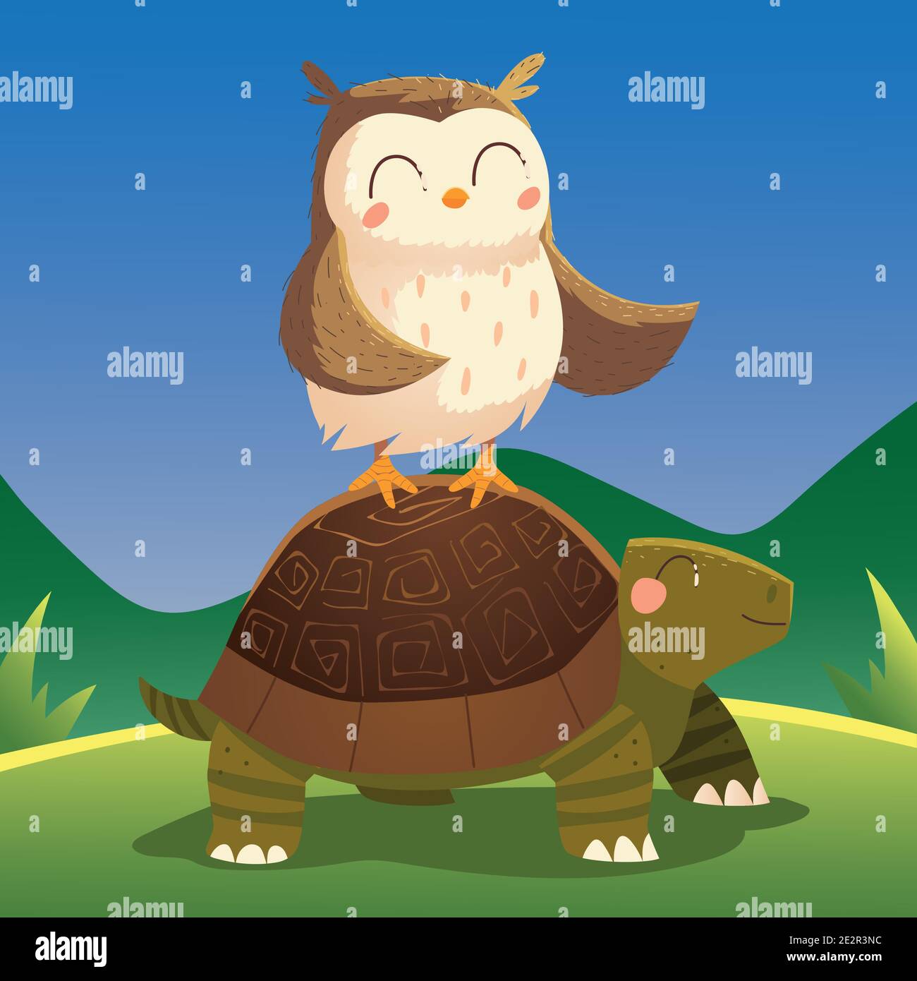animali del cartone animato gufo sulla tartaruga nel vettore di natura erba illustrazione Illustrazione Vettoriale