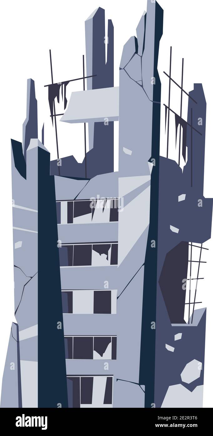 Edificio distrutto, struttura danneggiata, conseguenze di un disastro, cataclisma o guerra, vettore cartoon illustrazione isolata Illustrazione Vettoriale