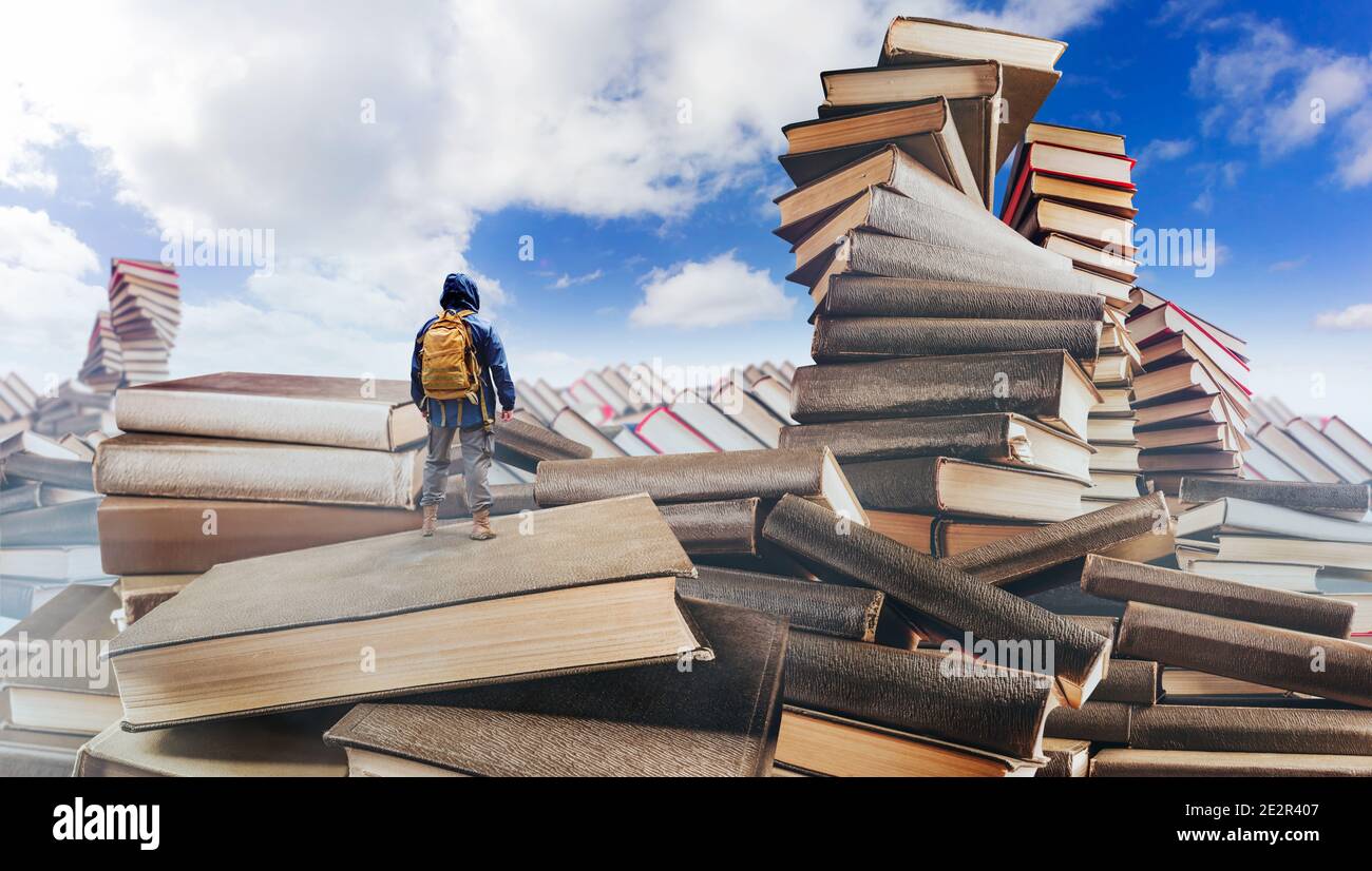 Viaggiatore con zaino in piedi nella valle fantasy montagne fatta di libri. Foto Stock