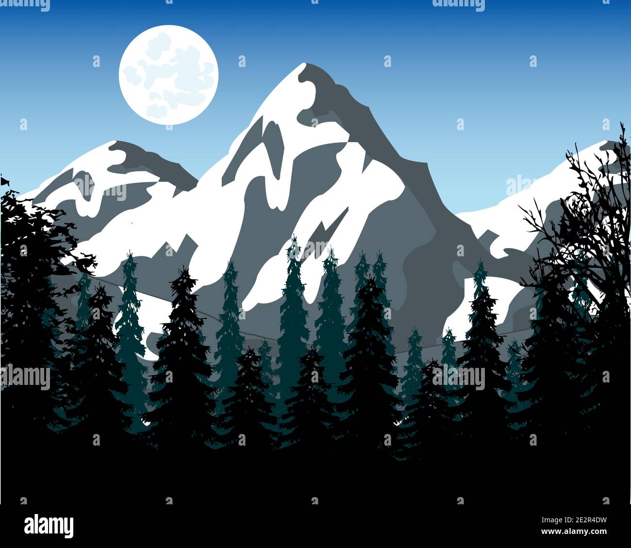 Luminoso paesaggio colorato delle cime di montagna e legno Illustrazione Vettoriale
