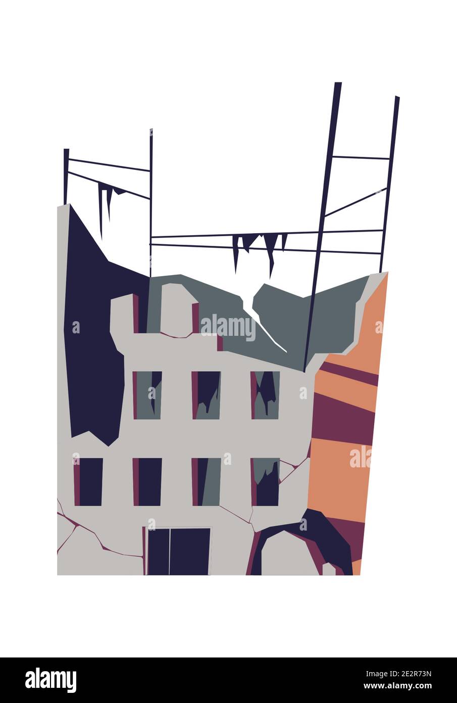 Edificio distrutto, struttura danneggiata, conseguenze di un disastro, cataclisma o guerra, vettore cartoon illustrazione isolata Illustrazione Vettoriale
