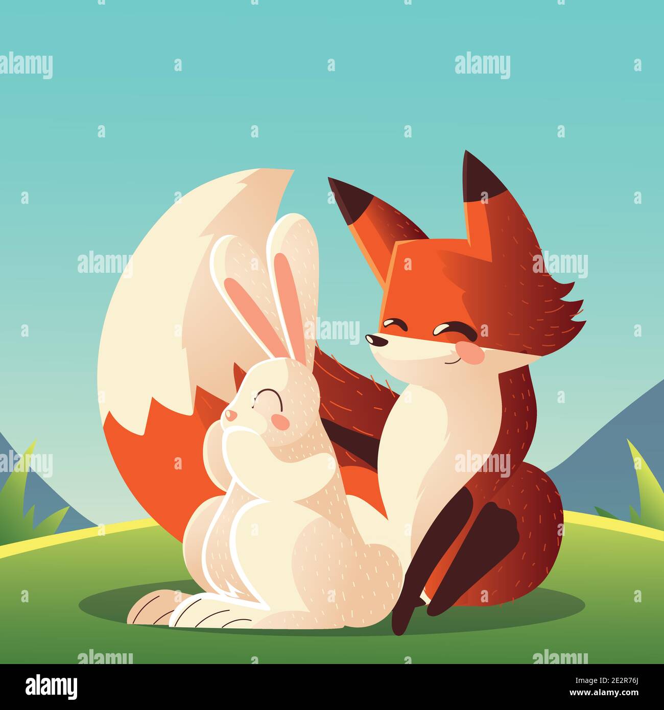 coniglio e volpe seduti nel vettore di animali cartone animato d'erba  illustrazione Immagine e Vettoriale - Alamy