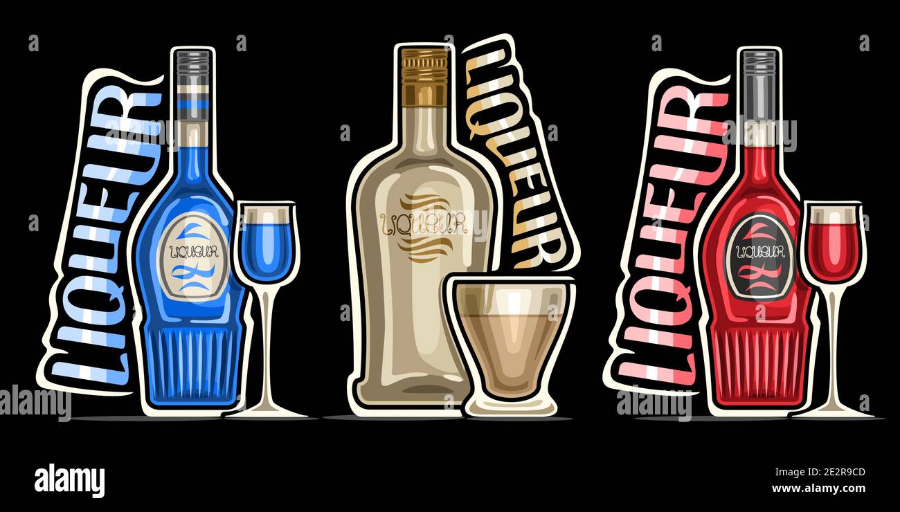 Set vettoriale di Liquori, 3 illustrazioni di contorni di bottiglie colorate con etichette decorative e bicchieri completi di vari liquori dolci, diversi di stile Illustrazione Vettoriale
