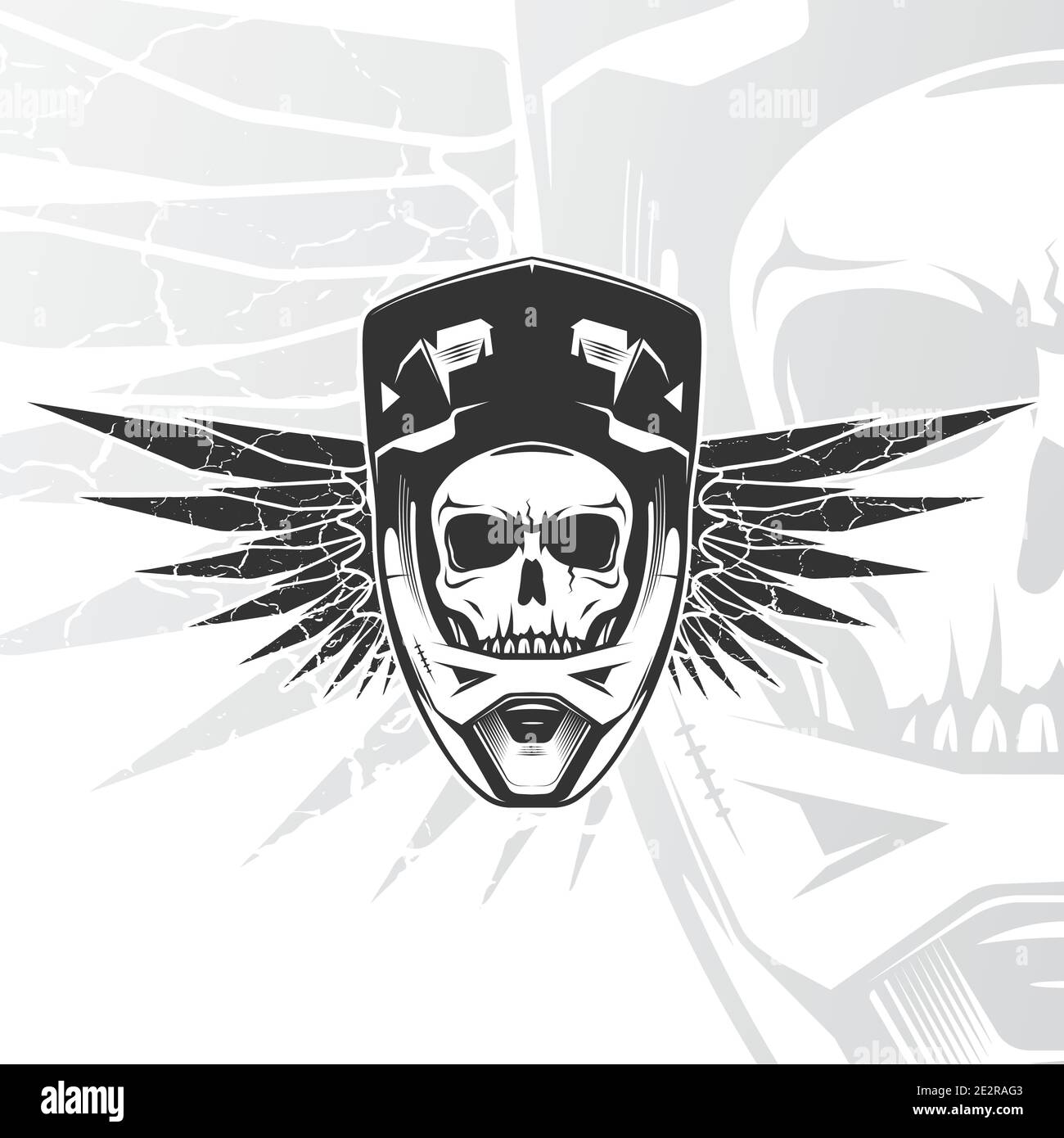Skull biker con casco integrale. Emblema di Moto SPORTS. Logo MTB, BMX, Motocross, Downhill. Illustrazione vettoriale. Illustrazione Vettoriale