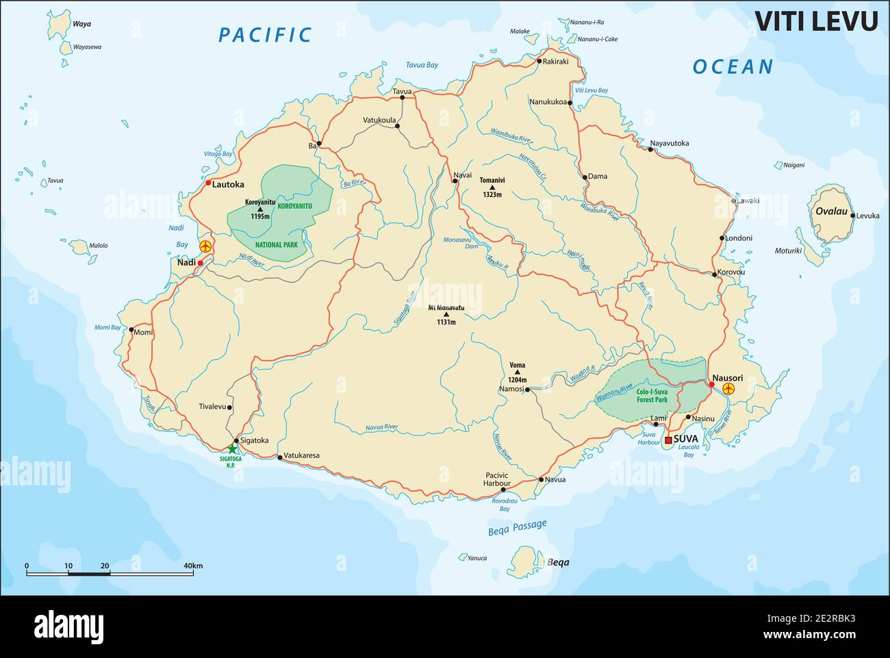 Mappa stradale vettoriale di viti Levu, Repubblica delle Fiji Illustrazione Vettoriale