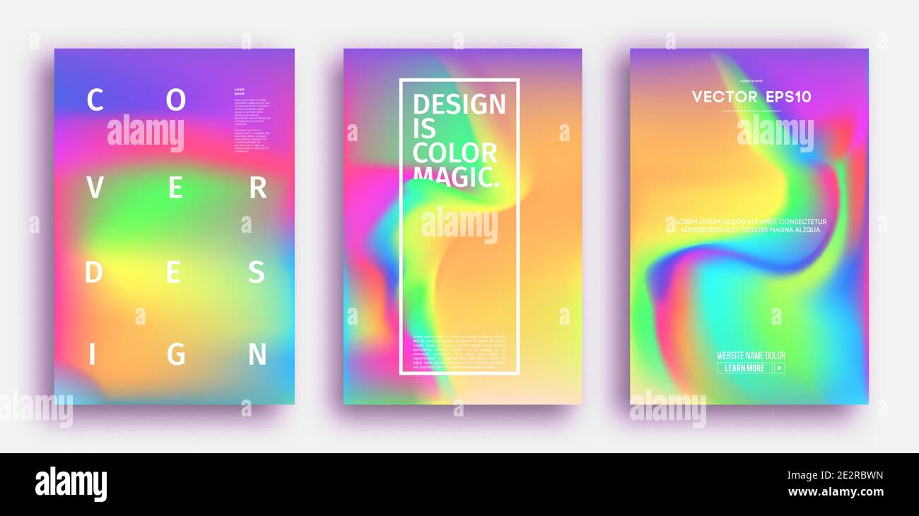Modello di copertina astratta olografica. Illustrazione vettoriale delle forme d'onda a lamina colorata. Poster mesh gradiente Irrisdescent. Illustrazione vettoriale. Illustrazione Vettoriale