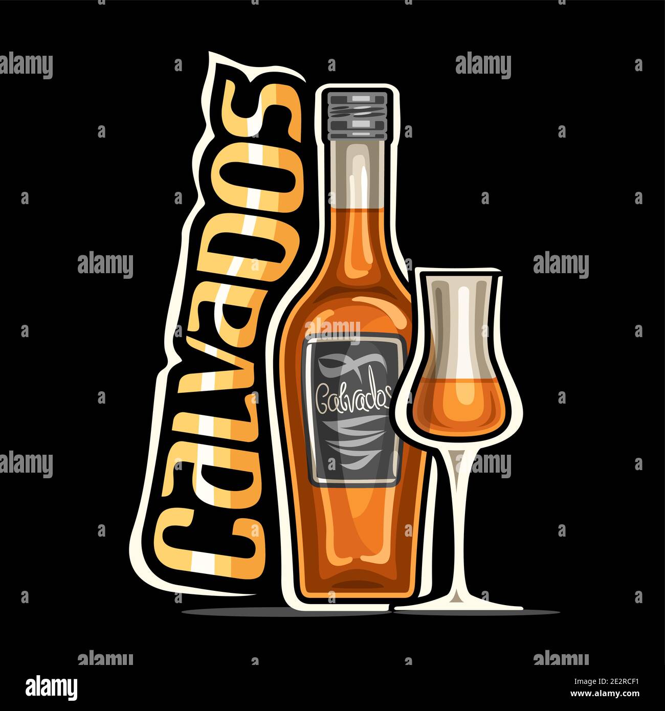 Logo vettoriale per Calvados, illustrazione della bottiglia classica marrone con etichetta decorativa e mezzo vetro pieno cartoon, cartellone con scritta dal design unico Illustrazione Vettoriale