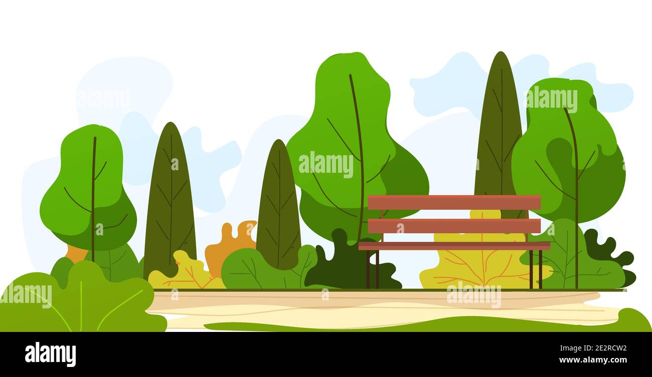 panca di legno nel parco estivo bella natura paesaggio sfondo orizzontale illustrazione vettoriale Illustrazione Vettoriale