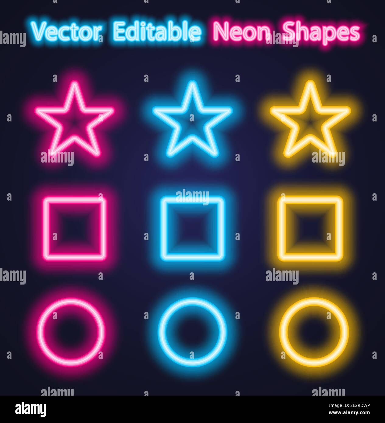 Cerchi, triangoli e stelle al neon luminosi in diversi colori vivaci contro una parete di mattoni scuri. Illustrazione Vettoriale