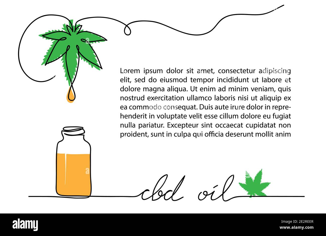 Goccia di olio nel CBD, bottiglia, canapa o foglia di cannabis. Illustrazione vettoriale a una riga. Olio con fondo cannabidiolo. Illustrazione Vettoriale