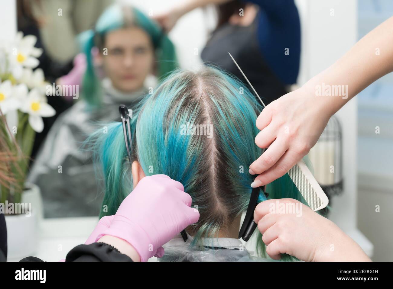 Vista posteriore della testa femminile con colore smeraldo dei capelli e radici di capelli ricresciti. Donna si siede in sedia da specchio, due professionali parrucchieri combinatori clienti Foto Stock