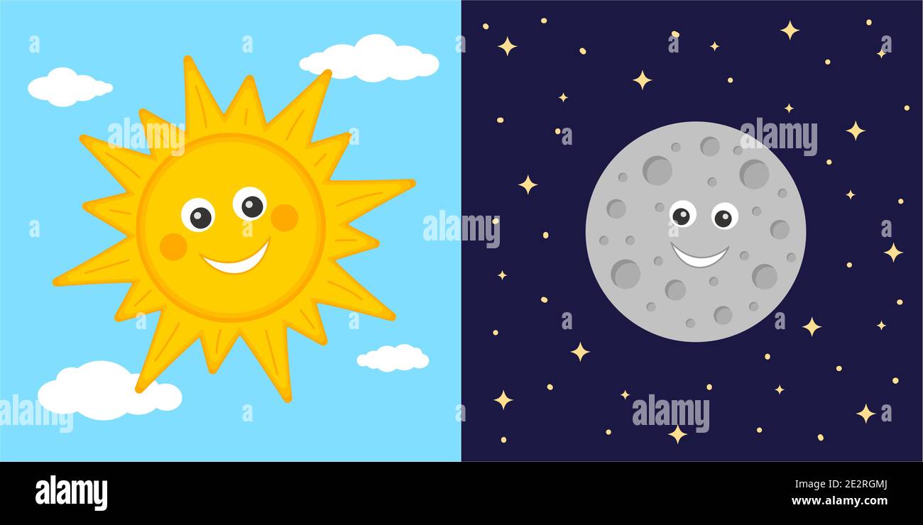 Concetto di giorno e notte. Simpatici personaggi del sole e della luna.  Sole su cielo blu nuvoloso e luna su sfondo scuro spazio stellato.  Astronomia per bambini. Illustrazione di cartoni animati vettoriali