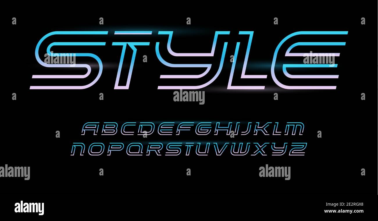 Alfabeto lineare, lettere stile bordo. Carattere a strisce, tipo a linee di contorno per logo futuristico moderno, titolo, monogramma sportivo, scritta dinamica Illustrazione Vettoriale
