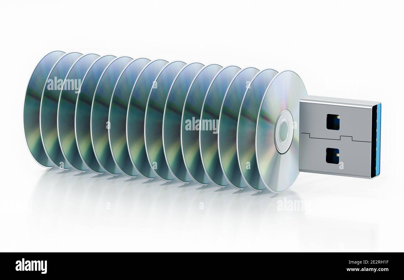 Unità penna USB con dischi impilati isolati su sfondo bianco. Illustrazione 3D. Foto Stock