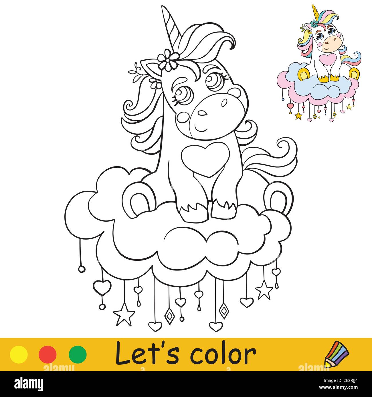 Carino unicorno bambino seduto su una nuvola. Colorare la pagina del libro con il modello colorato. Illustrazione vettoriale del cartone animato isolata su sfondo bianco. Per colorina Illustrazione Vettoriale