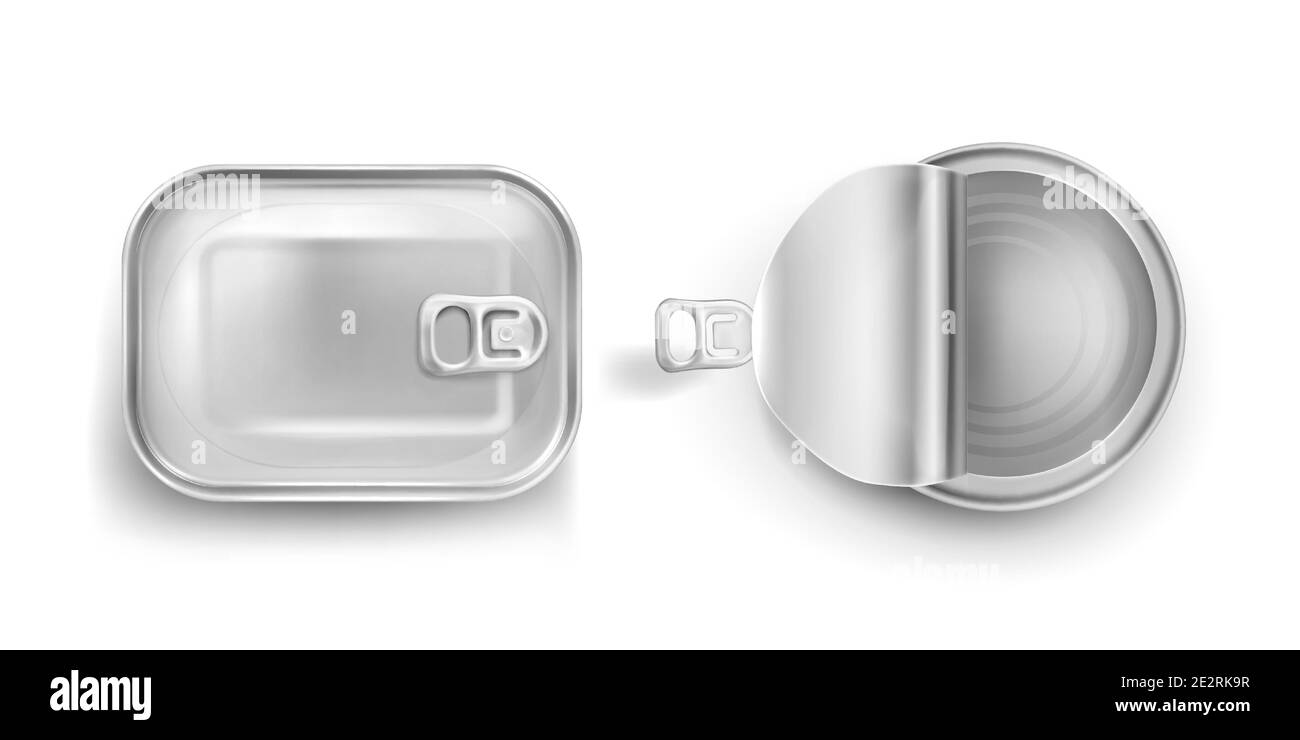 Lattine con anello di trazione mockup vista dall'alto. Barattoli in metallo per alimenti in scatola con coperchi chiusi e aperti, rettangolari in alluminio e rotondi conservano barattoli isolati su sfondo bianco, icone vettoriali 3d realistiche Illustrazione Vettoriale