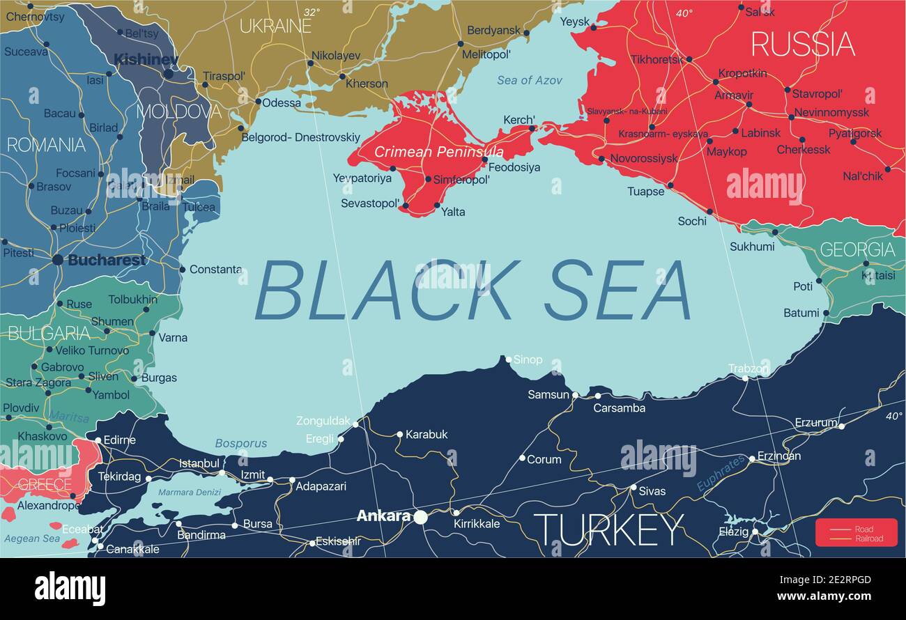 Regione del Mar Nero Mappa dettagliata modificabile con regioni città e città, strade e ferrovie, siti geografici. File vettoriale EPS-10 Illustrazione Vettoriale