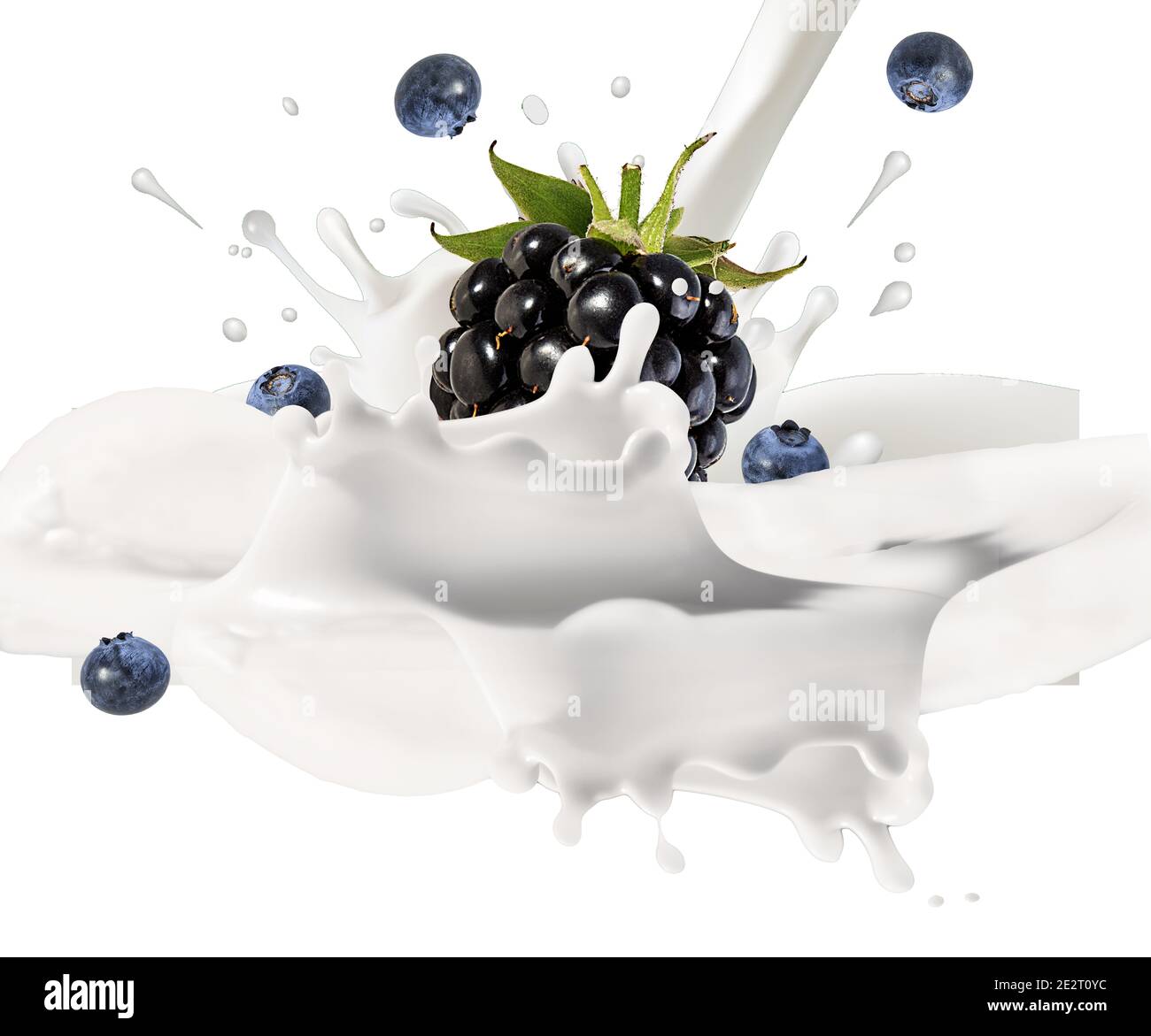 Mirtillo, mora e spruzzi di latte, yogurt blackberry isolato Foto Stock